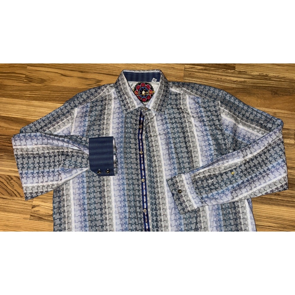 Robert Graham Men l/slv dress shirt XL flipcuff Gray Blue multi abstract cotton